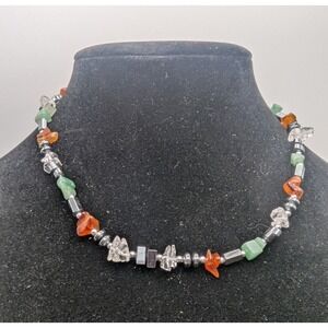 Womens Multi Stone Beaded Necklace Aventurine Carnelian Glass Silver Accents 18"